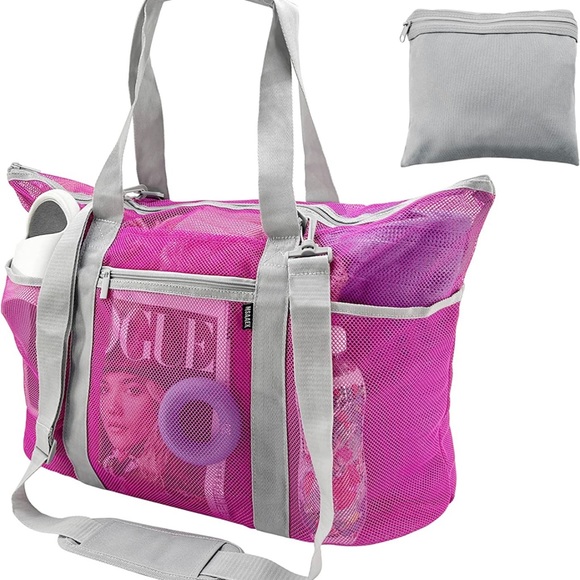 NWT Msaaex Pink Beach Bag Mesh Beach Bags with 9 Pockets Large Beach Tote - Picture 1 of 6